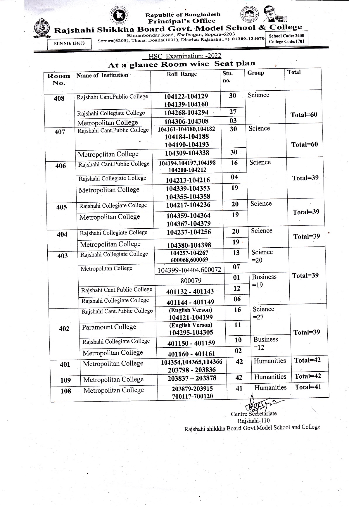 NoticeRajshahi Shikkha Board Govt. Model School and College