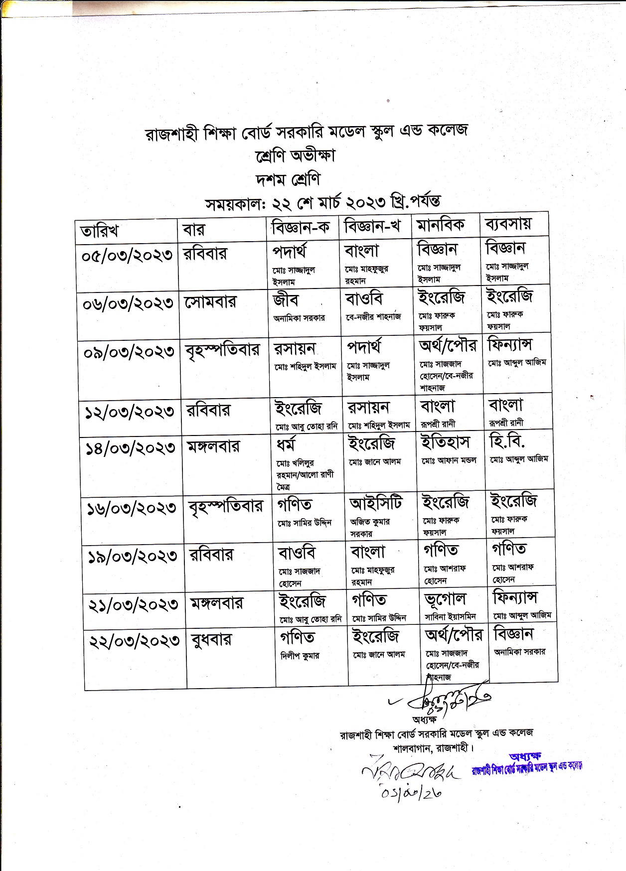 NoticeRajshahi Shikkha Board Govt. Model School and College